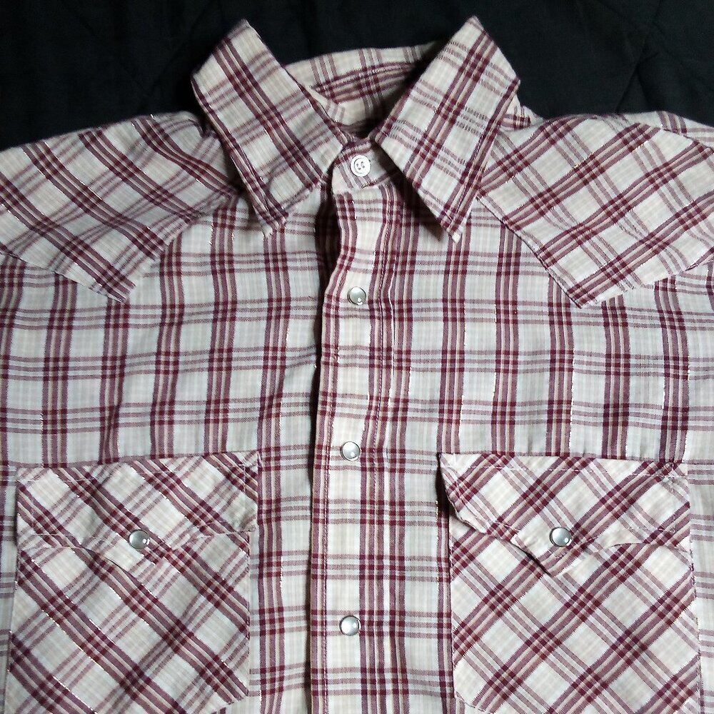 Vintage Silver Spur Plaid Gold Thread Pearl Snap Western Shirt